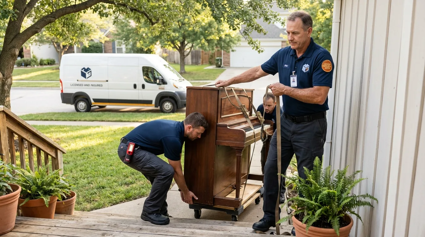 Licensed piano movers securing grand piano in Lorena, TX