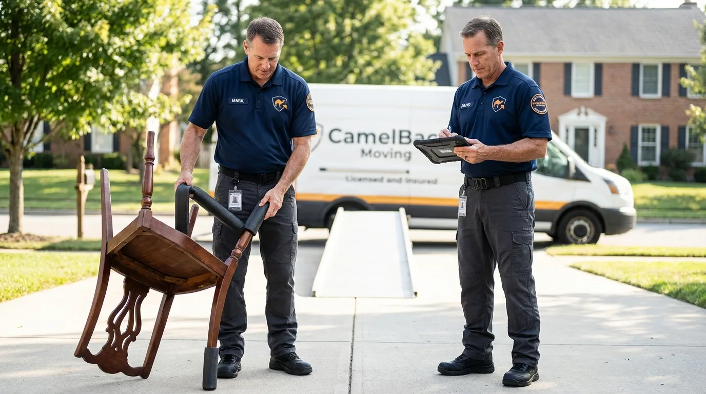 Movers inspecting furniture for damage prevention before loading in Lorena, TX