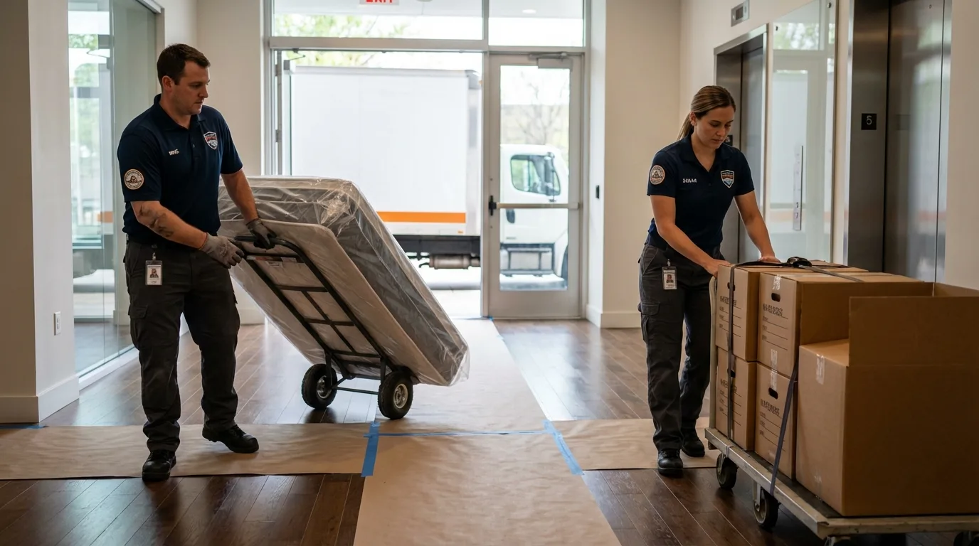 Professional apartment movers loading elevator in Lorena, TX